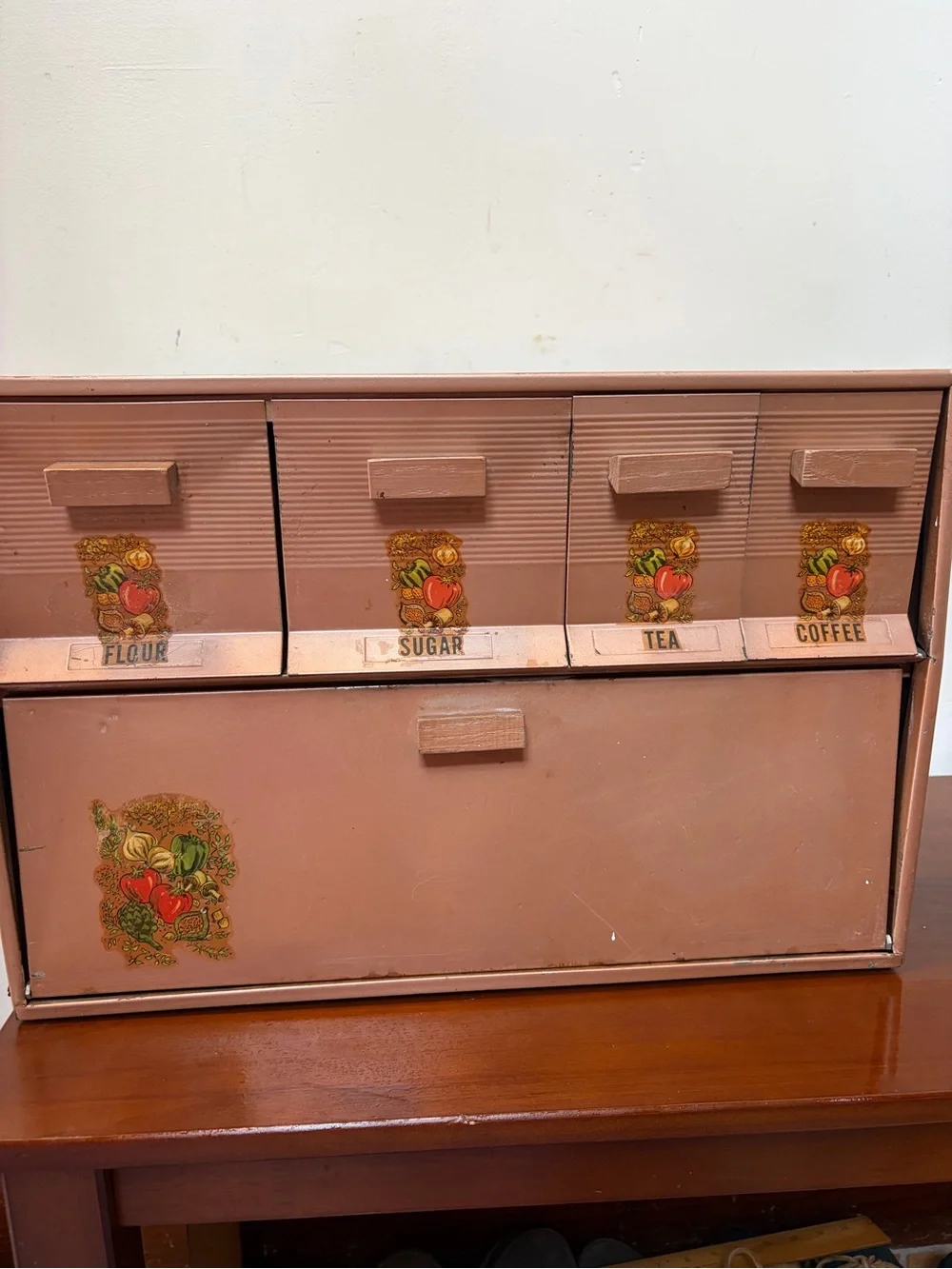 Vintage Kreamerwate Metal Kitchen Canister Set - with bread box Fruit Decals